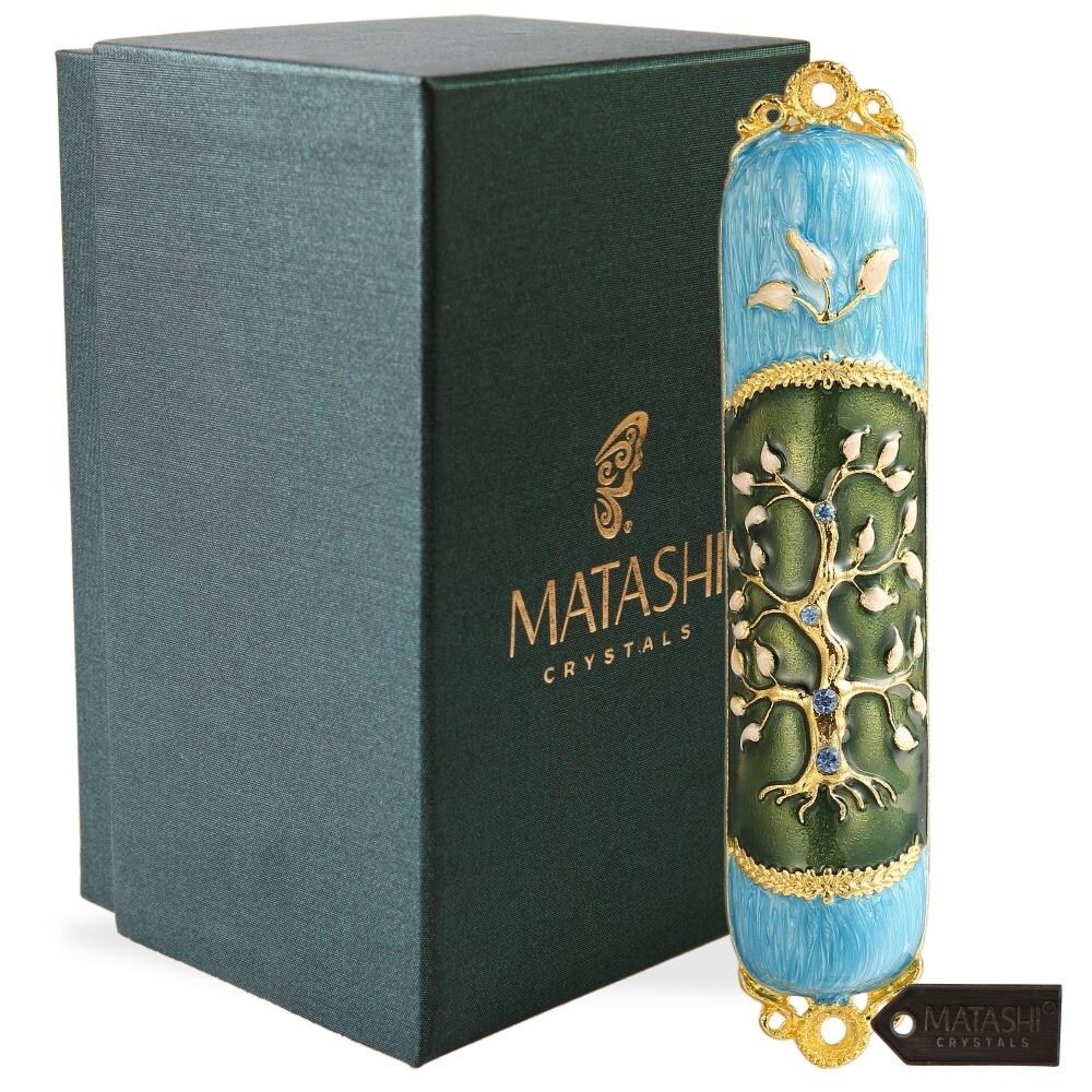 Matashi   Hand Painted Enamel Mezuzah Embellished with a Tree of Life Design with Gold Accents and fine Crystals