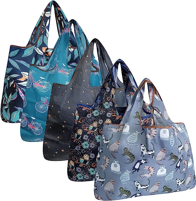 Wrapables Large Foldable Tote Nylon Reusable Grocery Bags, 5 Pack