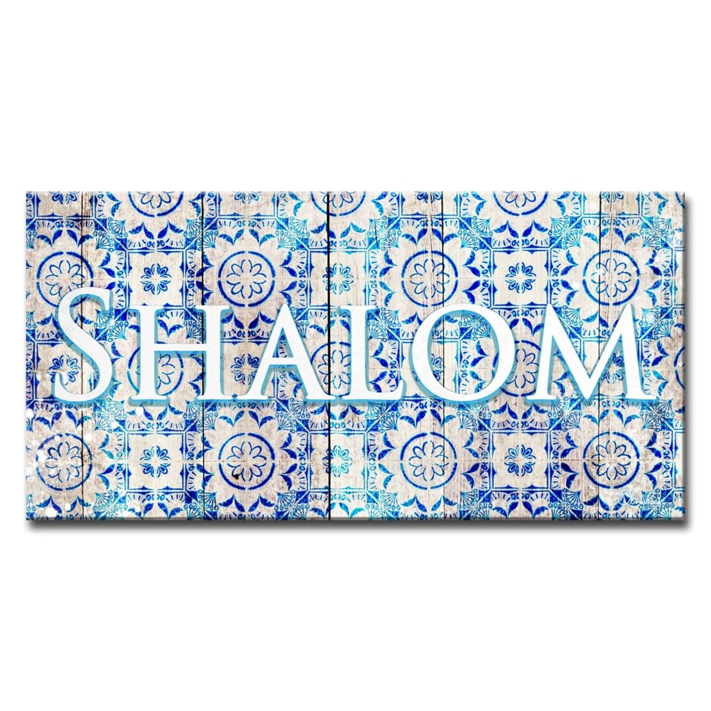 Crafted Creations White and Blue Shalom III Judaica Rectangular Cotton Wall Art Decor 18" x 36"