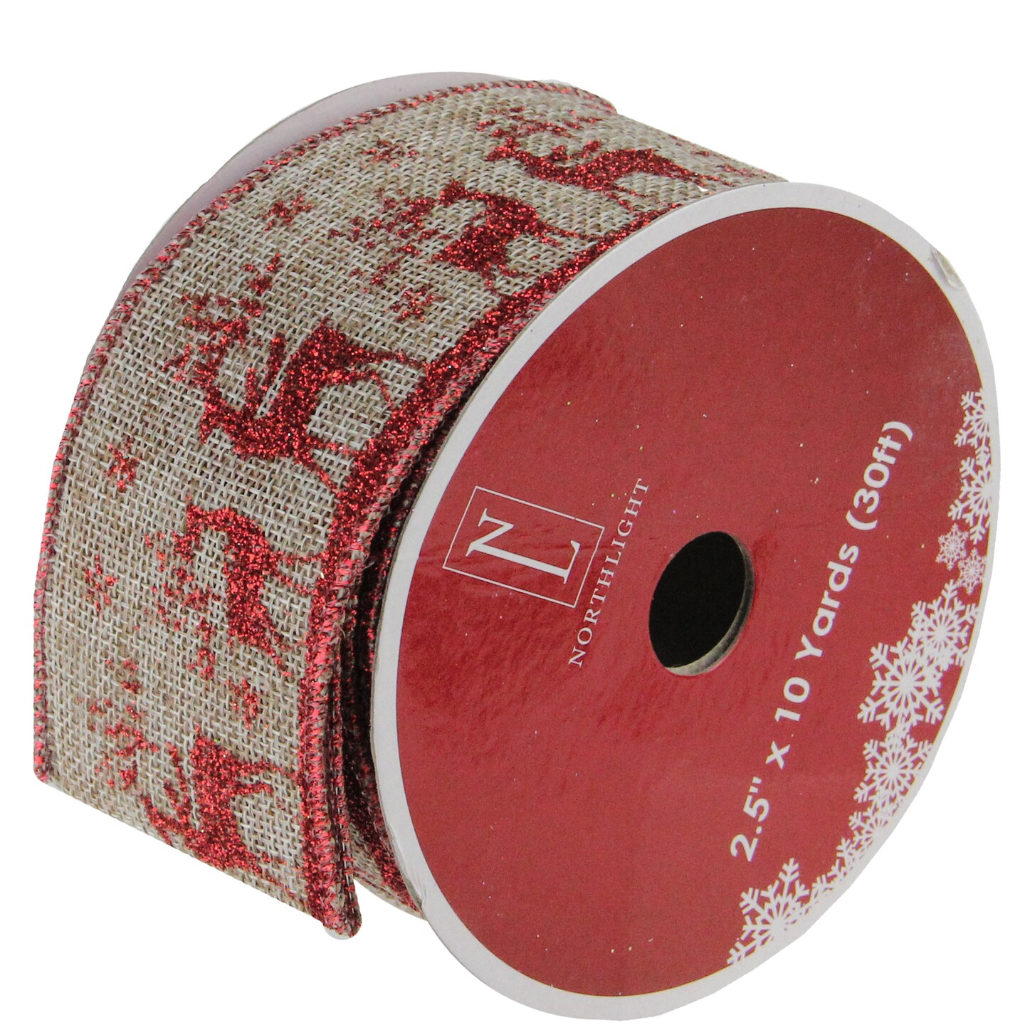 Northlight Red and Beige Reindeer Burlap Wired Christmas Craft Ribbon 2.5&#x22; x 10 Yards