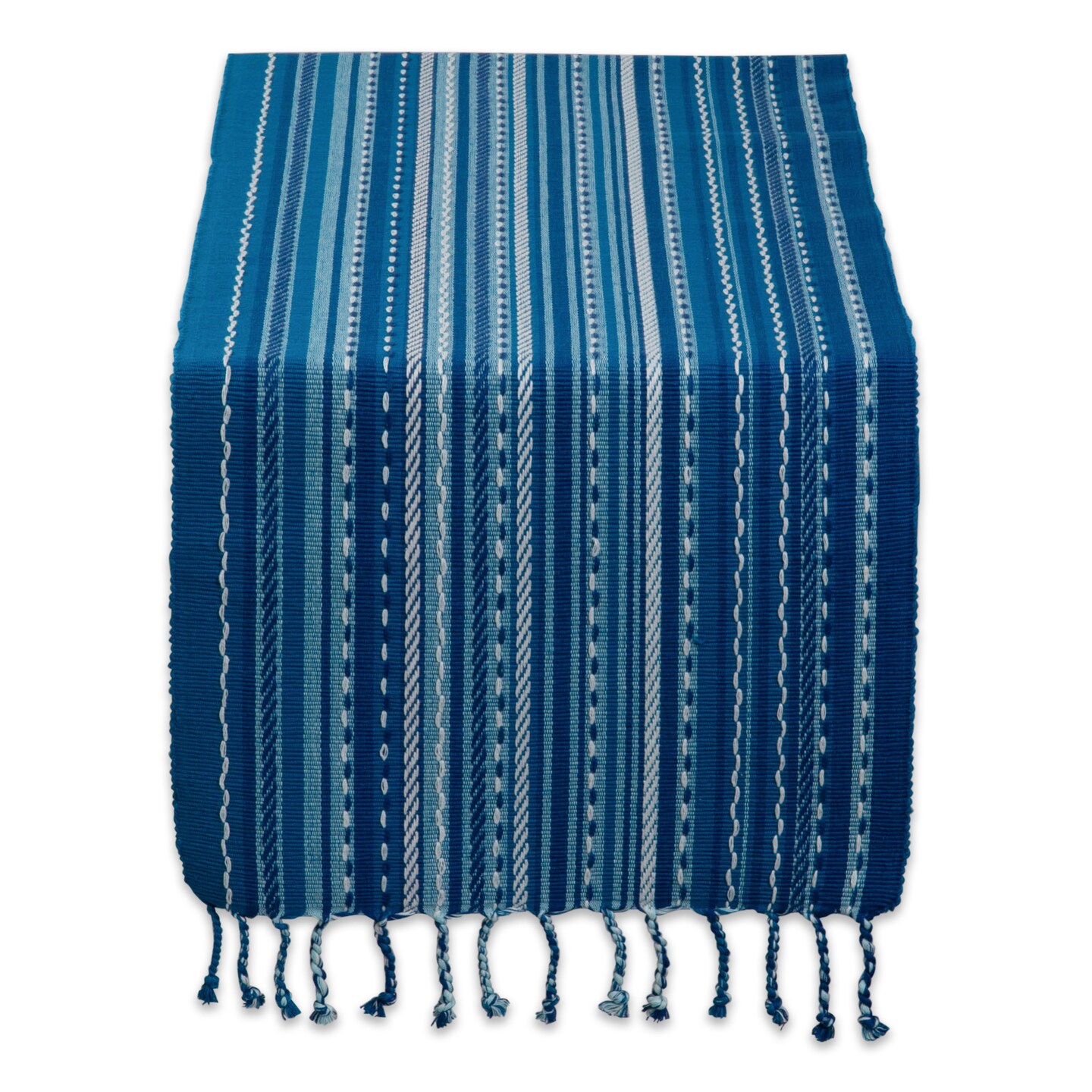 Contemporary Home Living Woven Striped Table Runner With Twisted Fringes - 72" - Azure and Baby Blue