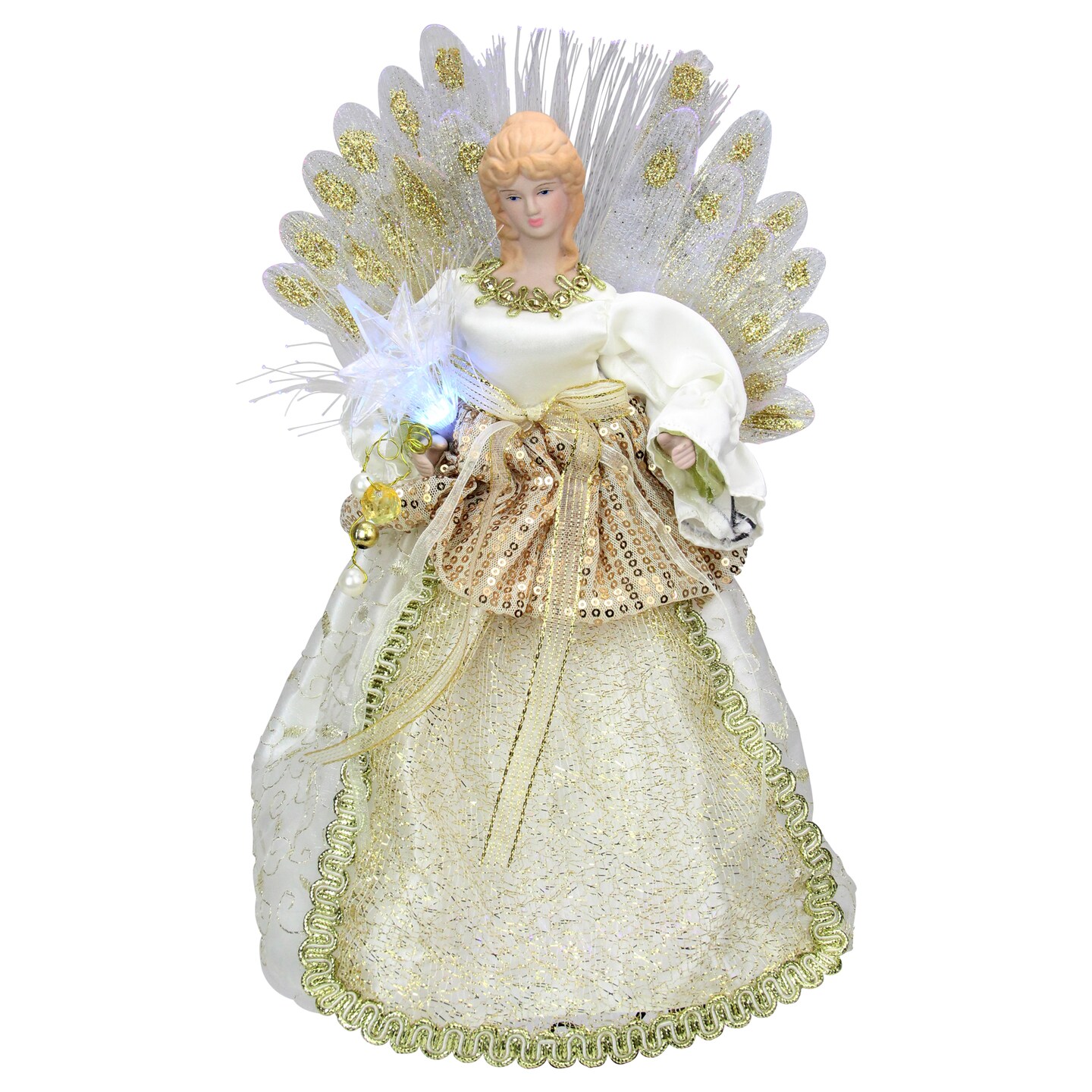 Kurt Adler 12" Lighted Gold and Ivory Angel Tree Topper - Multicolor Fiber Optic Lights