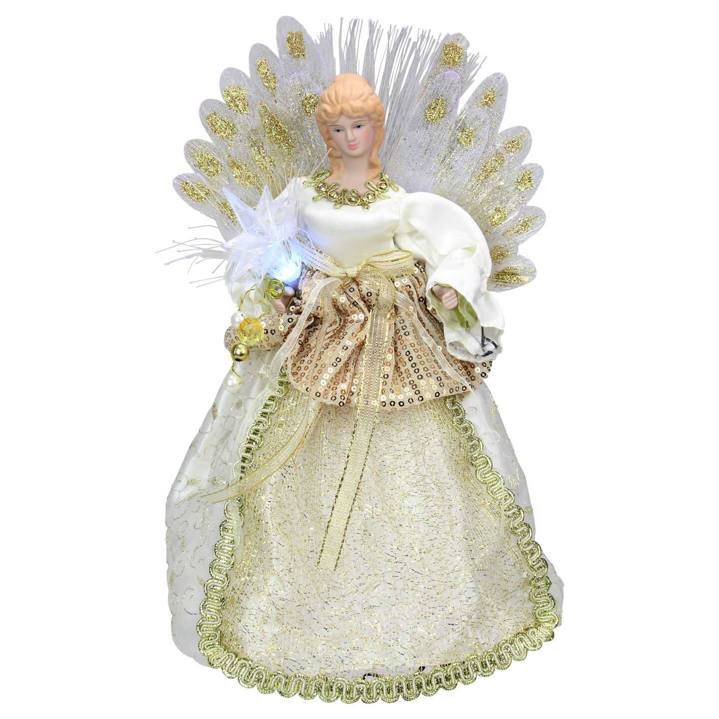 Kurt Adler 12&#x22; Lighted Gold and Ivory Angel Tree Topper - Multicolor Fiber Optic Lights