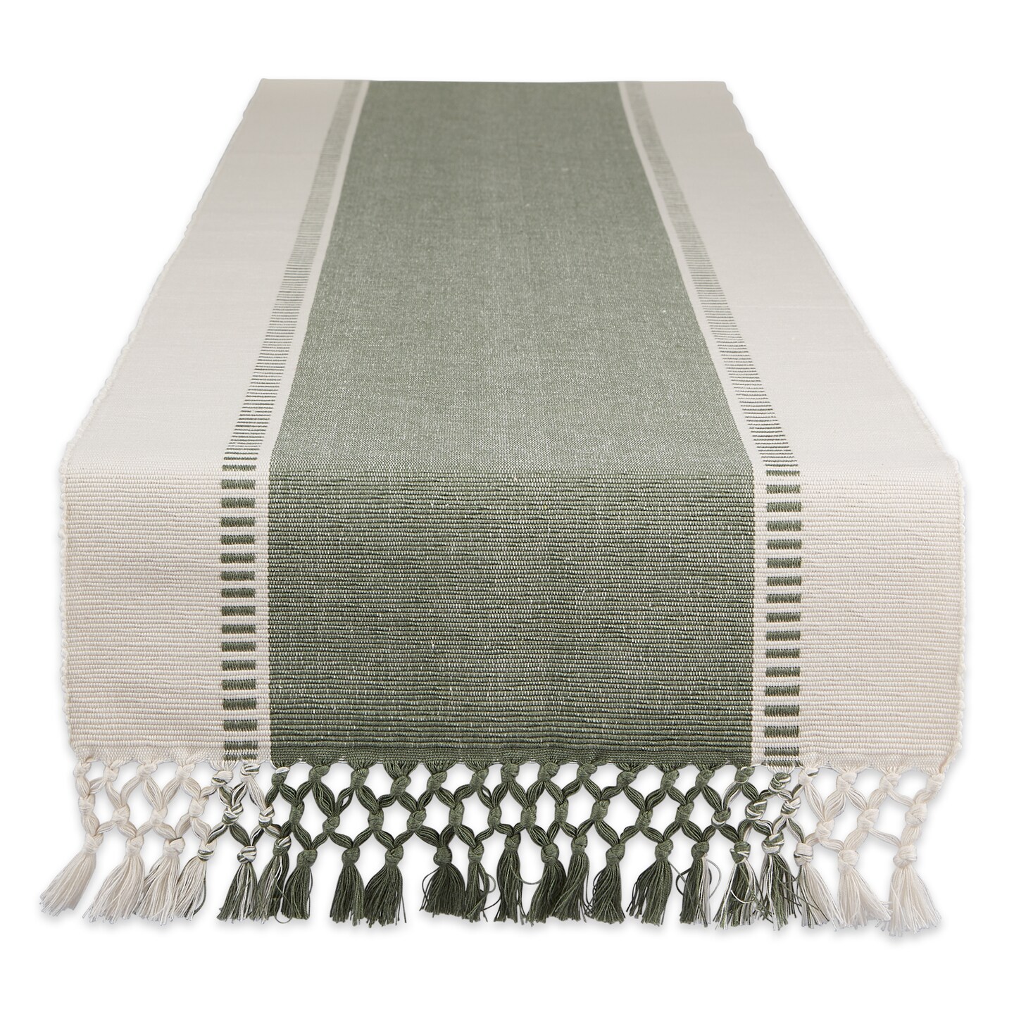 Contemporary Home Living Dobby Stripe Table Runner with Knotted Tassels - 72&#x22; - Olive Green and Cream