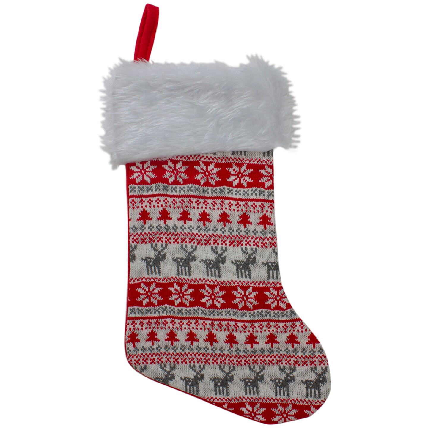 Northlight 19&#x22; Red and White Deer and Snowflake Knit Christmas Stocking with Faux Fur Cuff