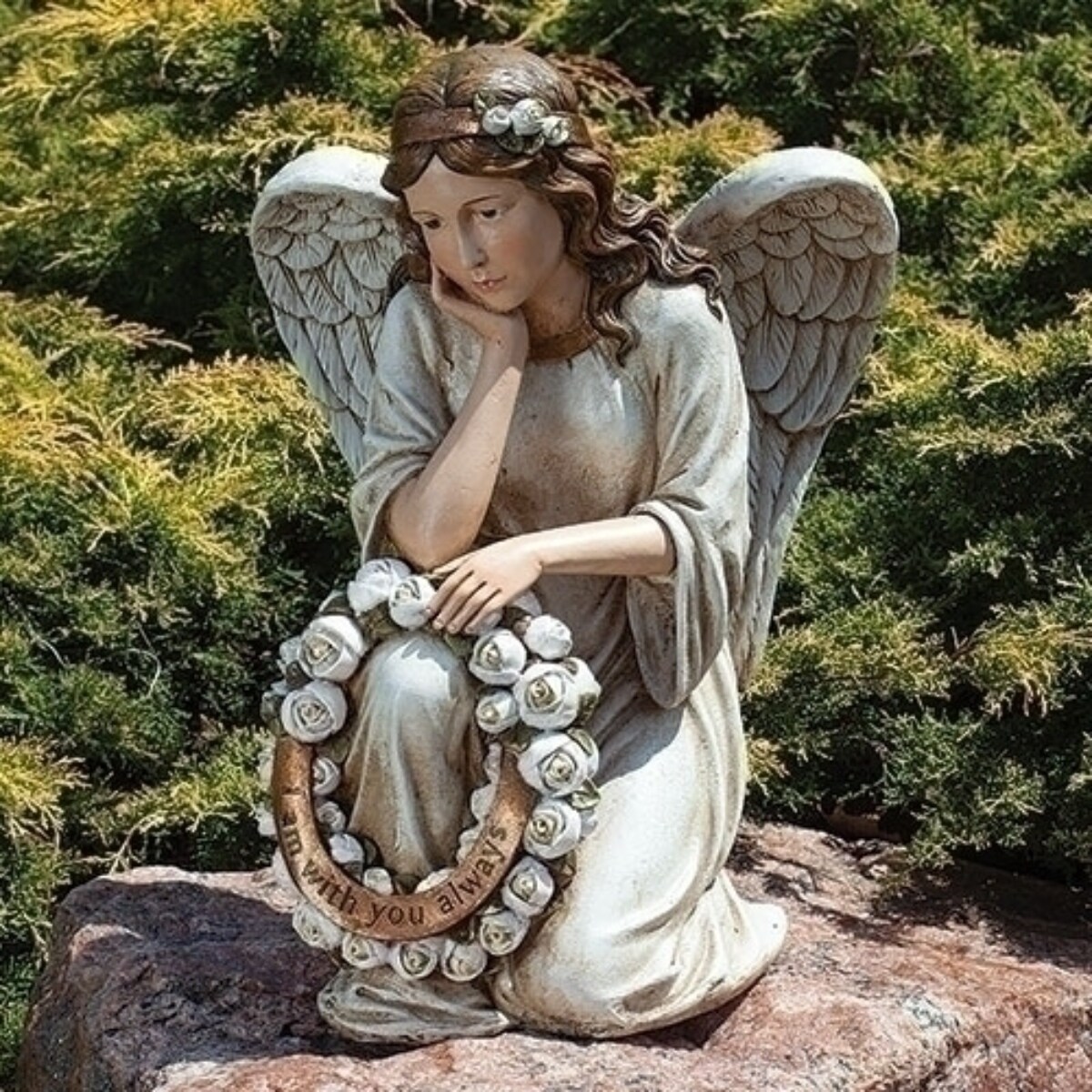 Roman 23&#x22; Memorial Angel with Wreath Outdoor Garden Statue