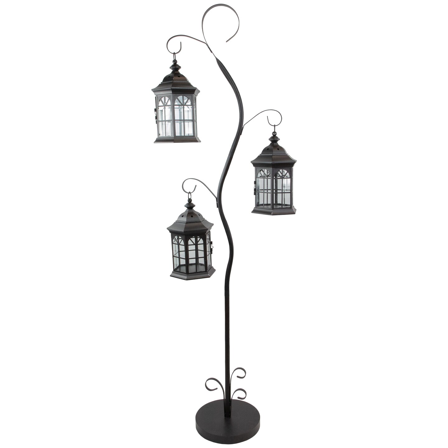 Northlight Distressed Scroll Candle Lantern Tree with Lanterns- 71.5" - Black