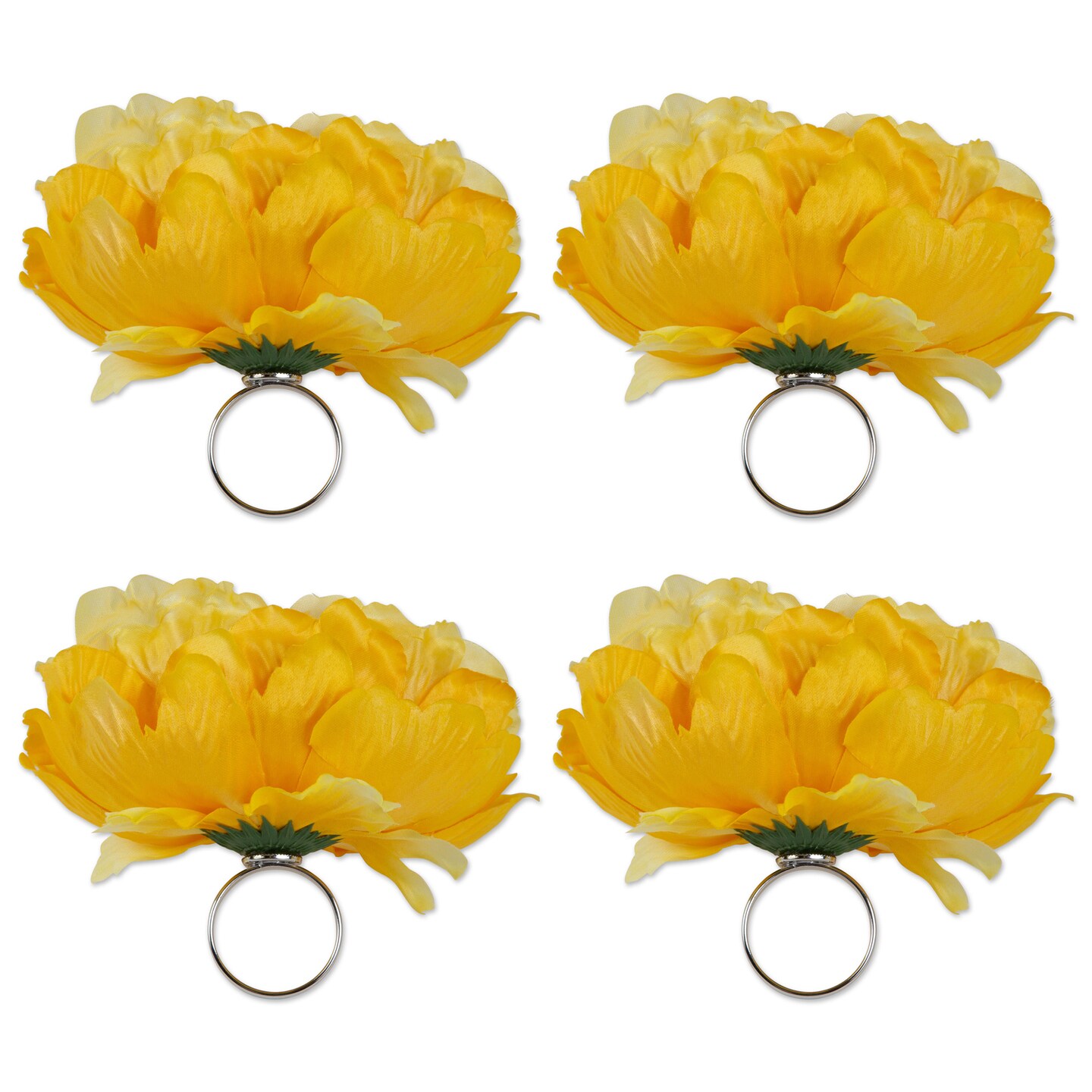 Contemporary Home Living Set of 4 Yellow Peony Flower Designed Napkin Rings 5&#x22;