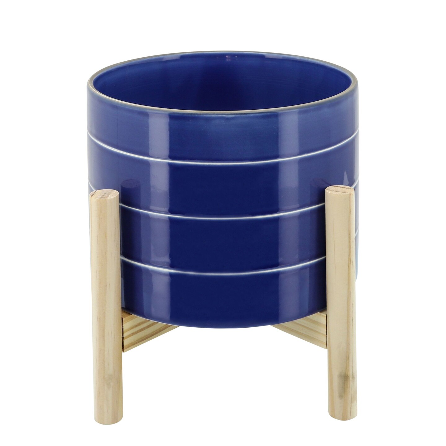 Kingston Living Striped Ceramic Planter with Stand - 8" - Blue and Beige