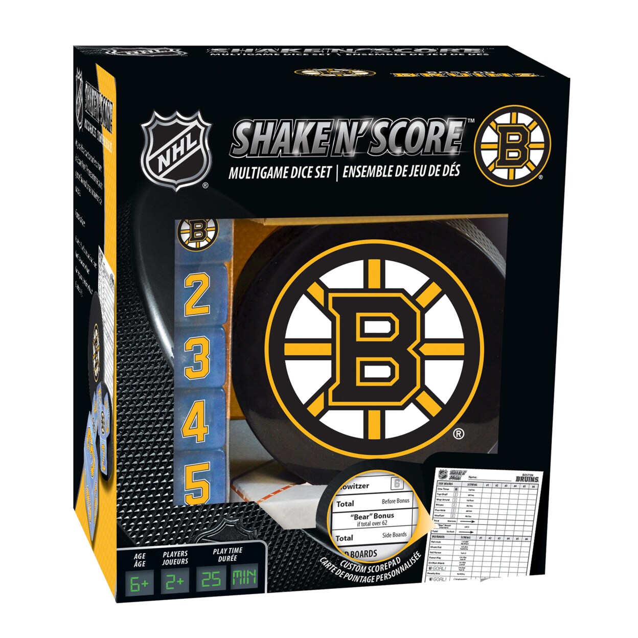 Masterpieces   Officially Licensed NHL Boston Bruins Shake N&#x27; Score Dice Game for Age 6 and Up