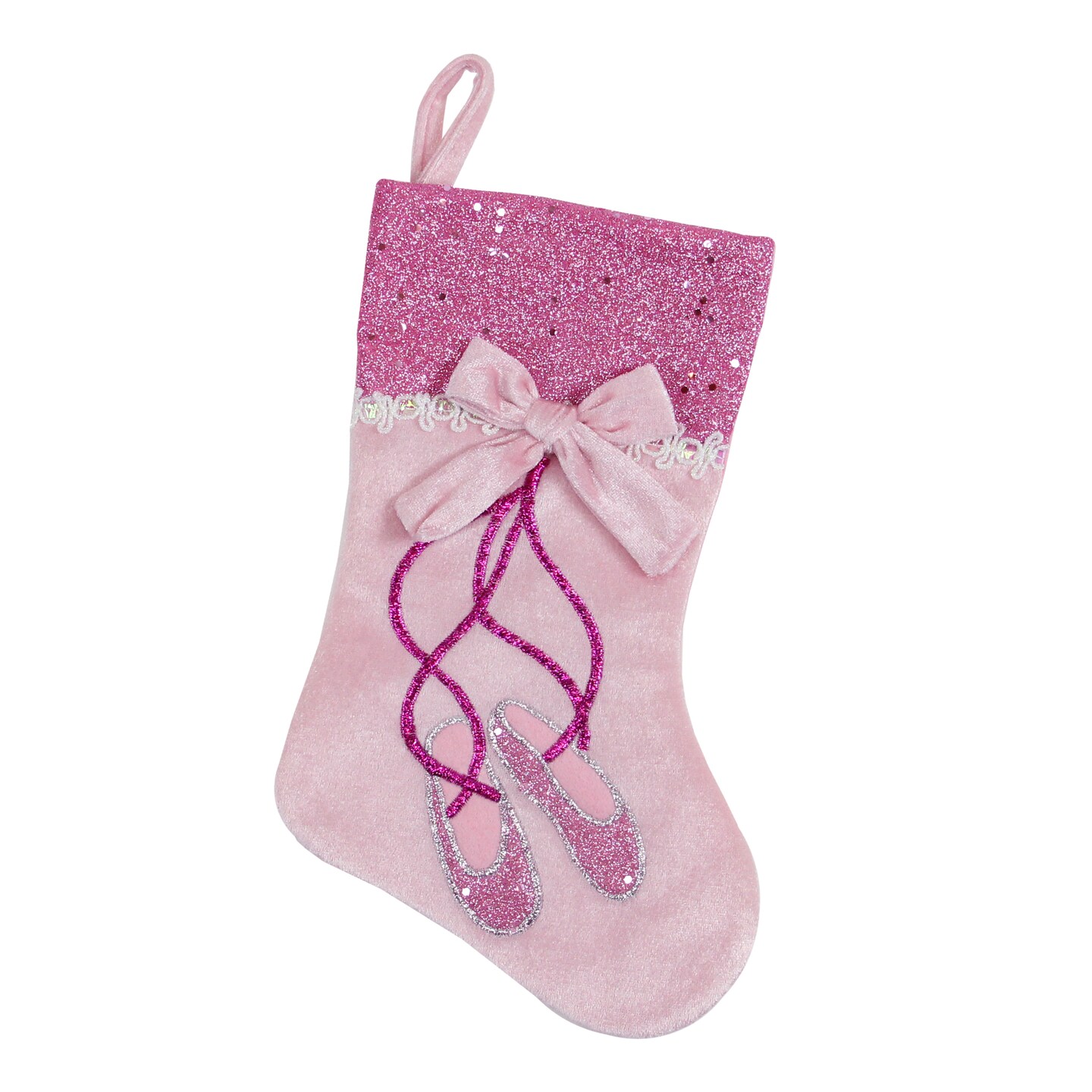 Northlight 14&#x22; Pink and Silver Ballerina Shoes Christmas Stocking with Glitter Cuff and Bow