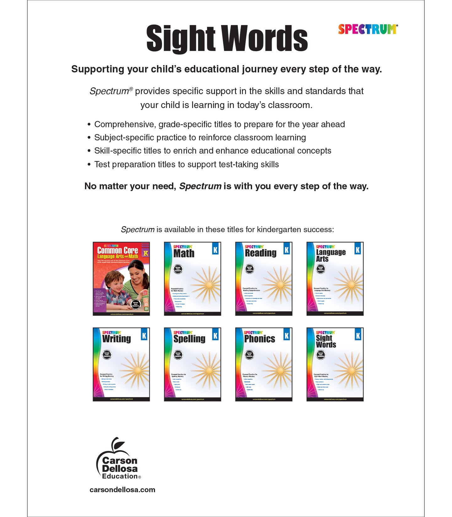 Spectrum Kindergarten Sight Words Workbook, Ages 5 to 6, High Frequency Reading and Writing Practice, Sentence Building Skills, and Sight Word Flash Cards, Sight Words Kindergarten Workbook for Kids