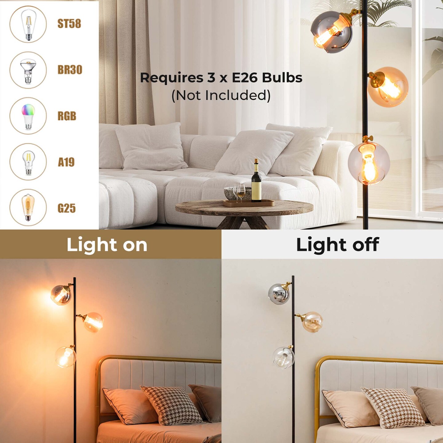 Costway Mid Century Floor Lamp Freestanding with 3 Glass Globe Lampshades &#x26; Foot Switch