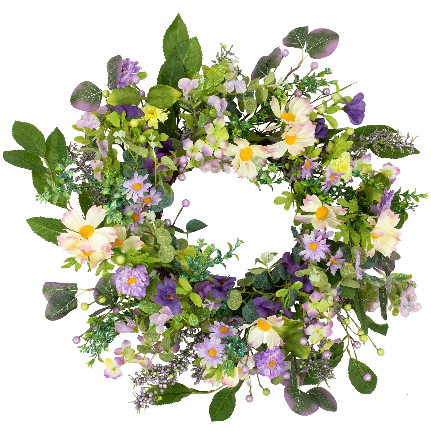 Northlight Daisy and Mixed Foliage Floral Spring Wreath - 24" - Purple