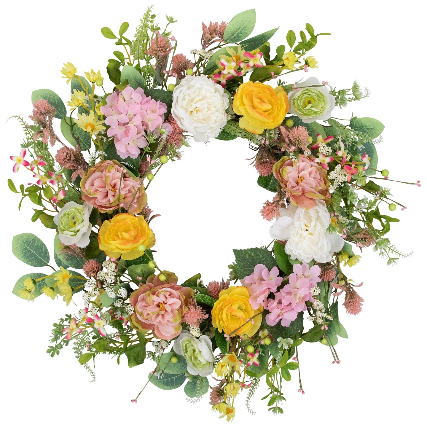 Northlight Rose and Hydrangea Floral Spring Wreath - 26&#x22; - Pink and Yellow