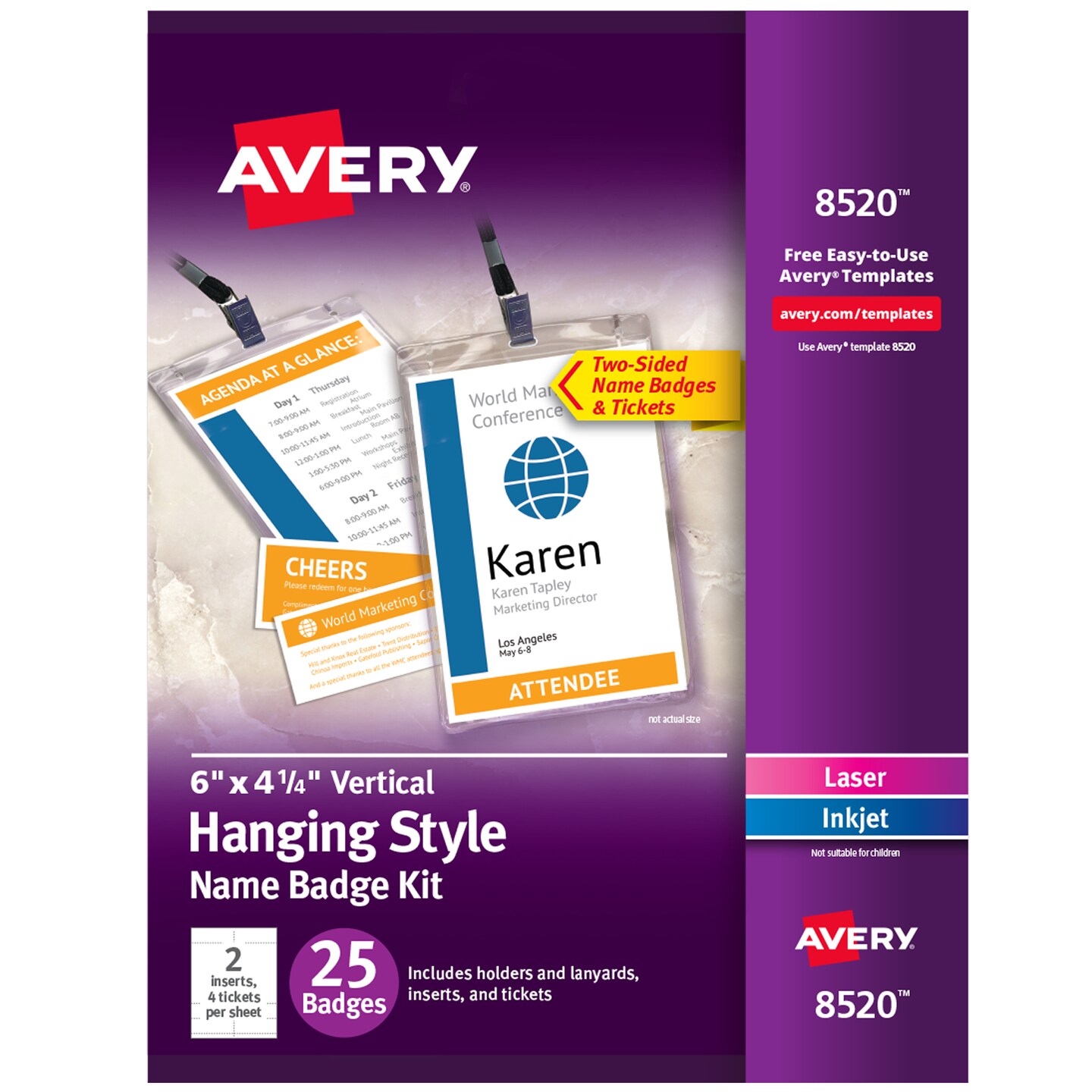 Avery Customizable Name Badges, 6&#x22; x 4.25&#x22;, Printable Name Tag Inserts with Tickets, 25 Vertical Name Tag Holders with Lanyards (8520)