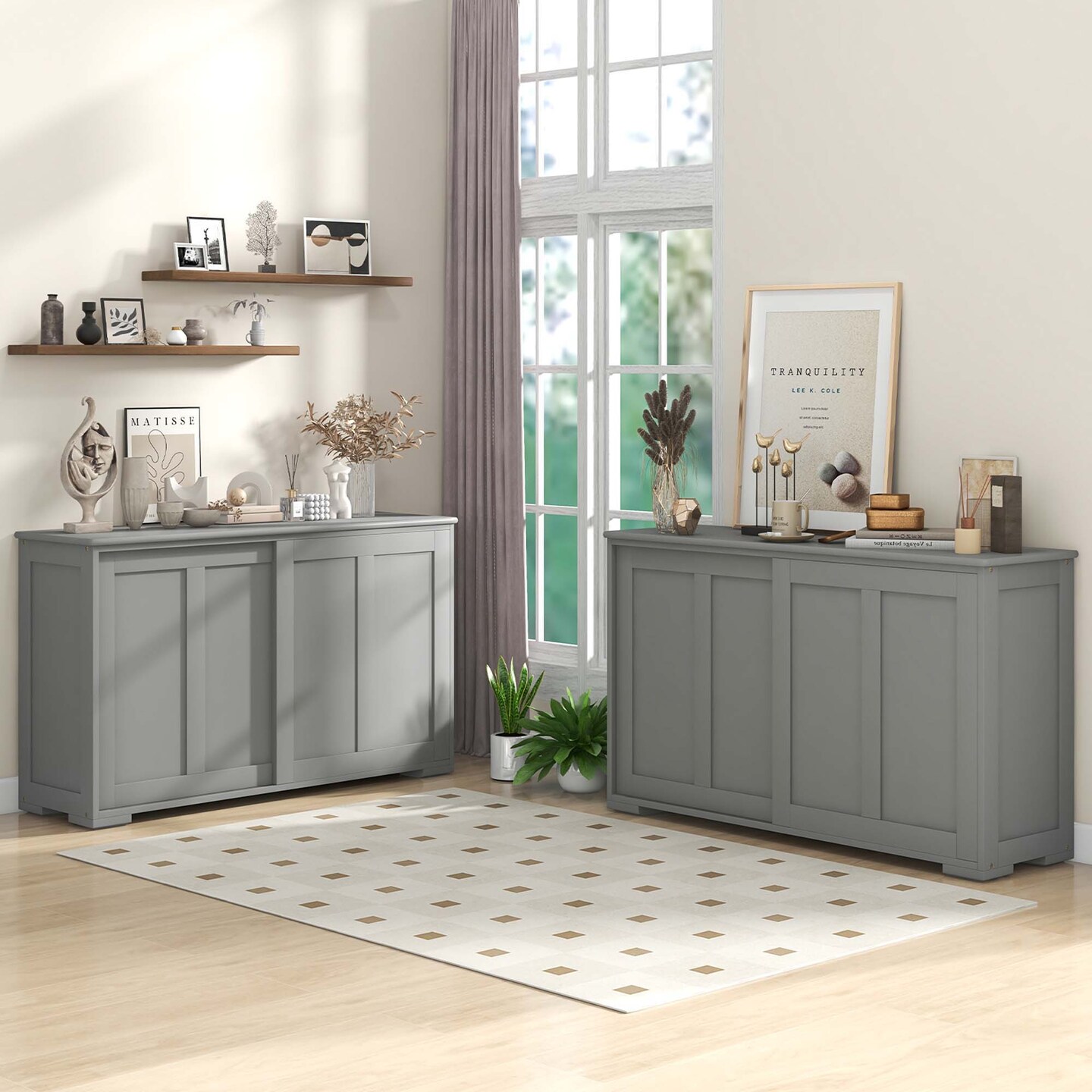 Costway Stackable Buffet Sideboard Set of 2 with Sliding Doors &#x26; Adjustable Shelf Brown/Black/Grey/Antique White
