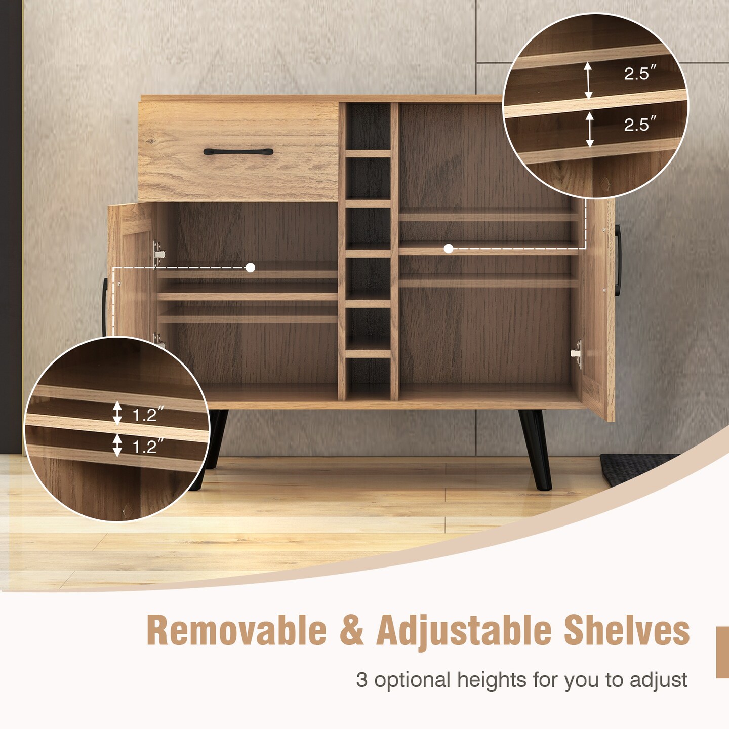 Costway 2-Door Wine Bar Cabinet Kitchen Sideboard Buffet with Drawer &#x26; Adjustable Shelves Black/Natural