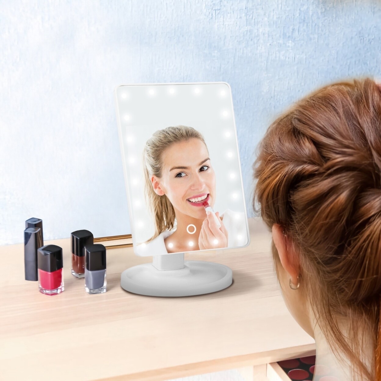 Rechargeable Led Makeup Mirror 22 Lights 180 Degree Rotation Touch Control Pink