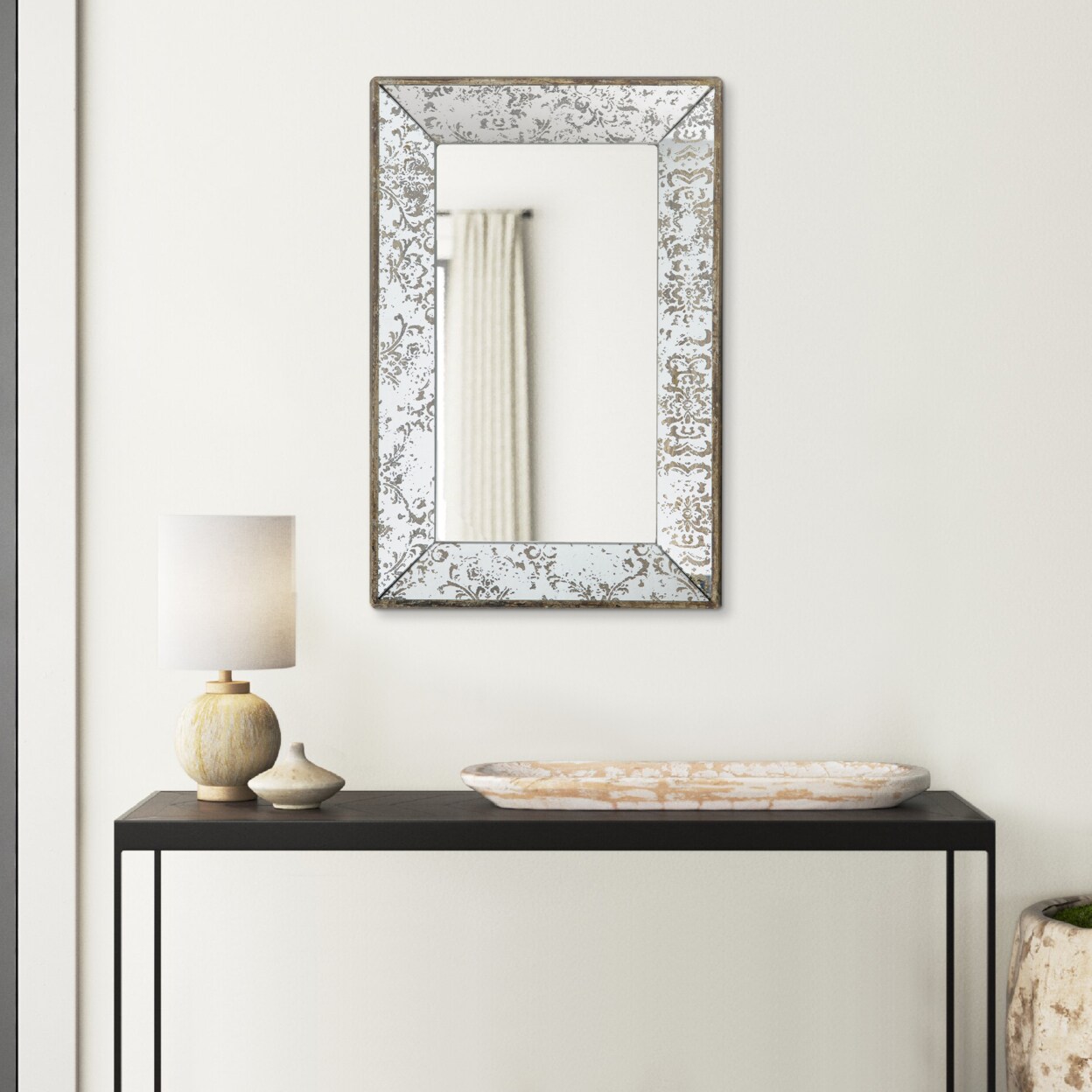Saltoro Sherpi Rosa 16 x 24 Wall Mount Mirror, Brown Wood Frame with Abstract Gold Overlay-