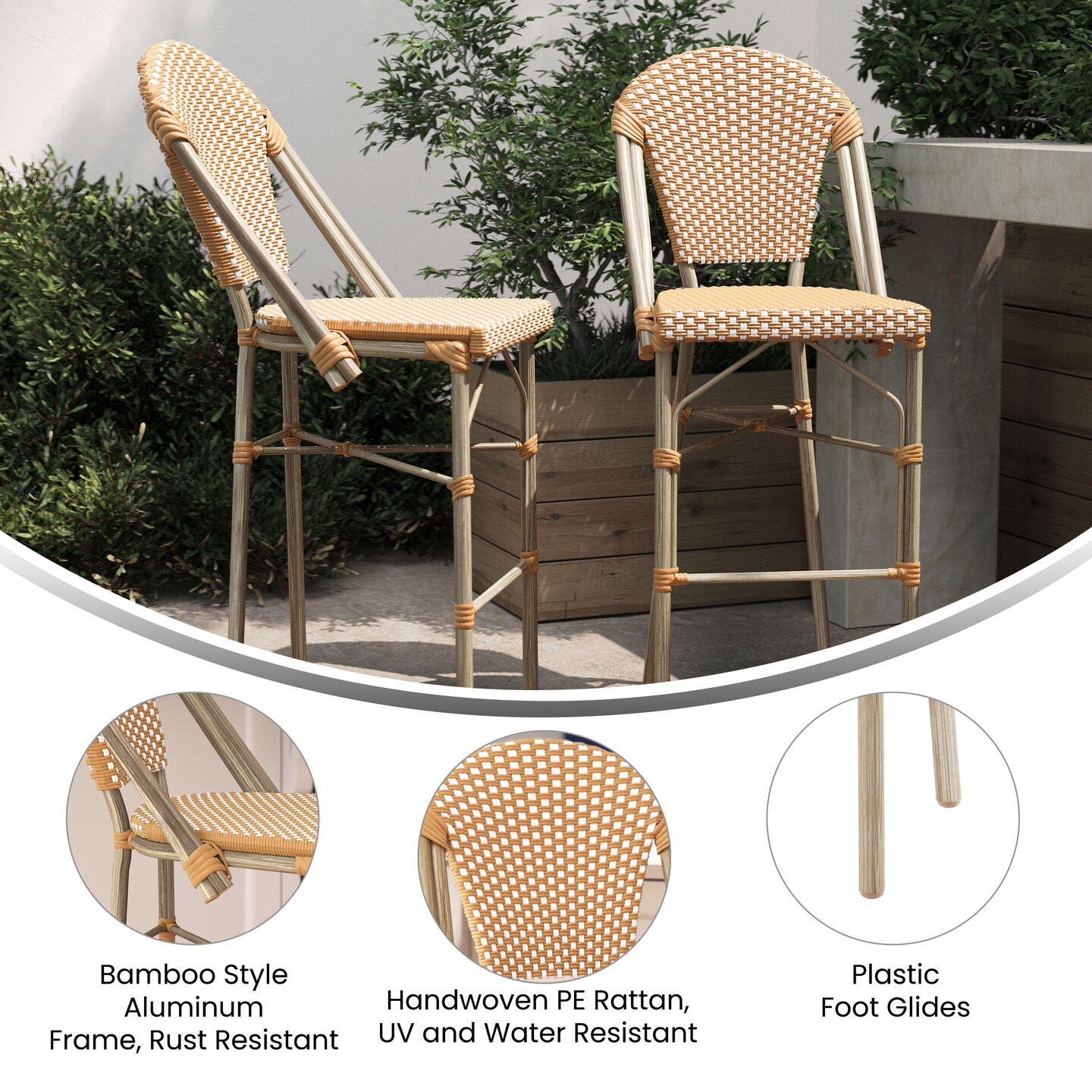 Merrick Lane Celia Set of Two Indoor/Outdoor Stacking Bistro Bar Stools with White and Gray Patterned Seats and Backs & Bamboo Finished Metal Frames