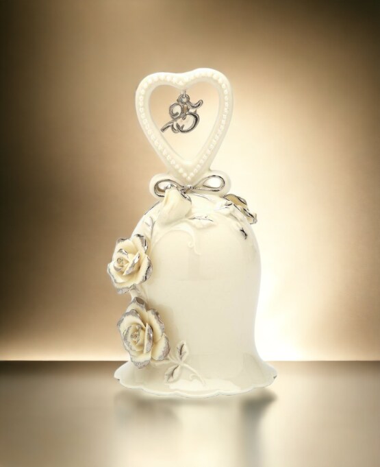 Hand Crafted Ceramic Ivory Rose Bell with Silver Accents-25th Anniversary, Anniversary D&#xE9;cor, Anniversary Gift