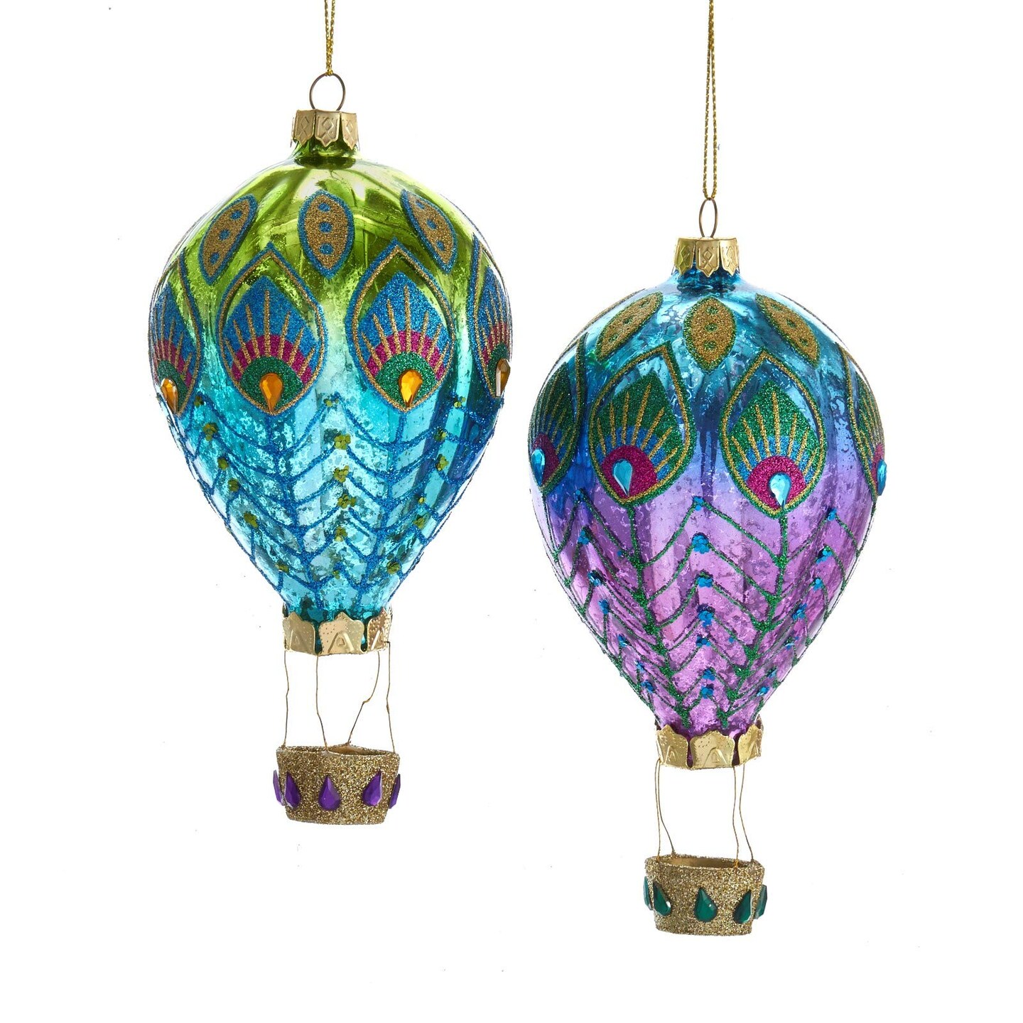 Kurt S. Adler Kurt Adler Peacock Hot Air Balloon Christmas Holiday Ornaments Set of 2 Glass