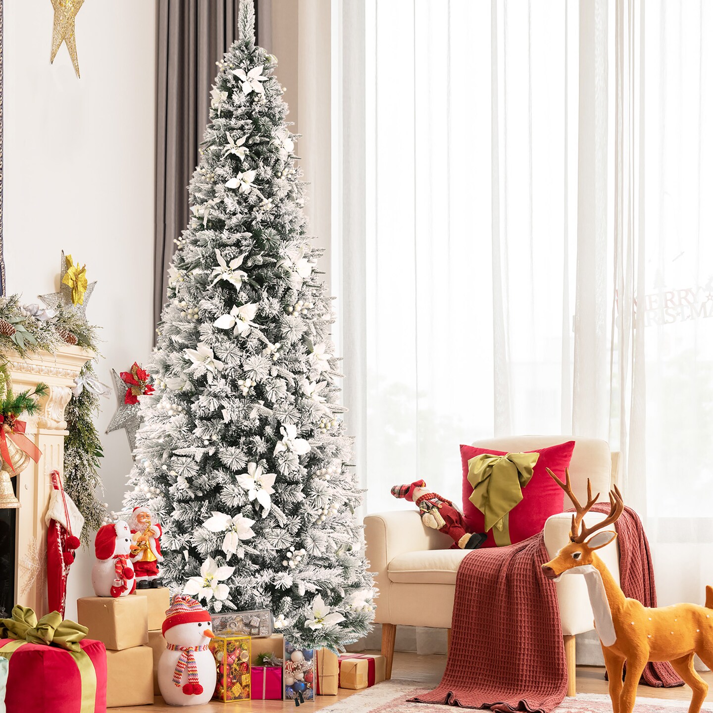 Costway 5ft/6ft/7ft/8ft Snow Flocked Christmas Pencil Tree w/ Berries &#x26; Poinsettia Flowers