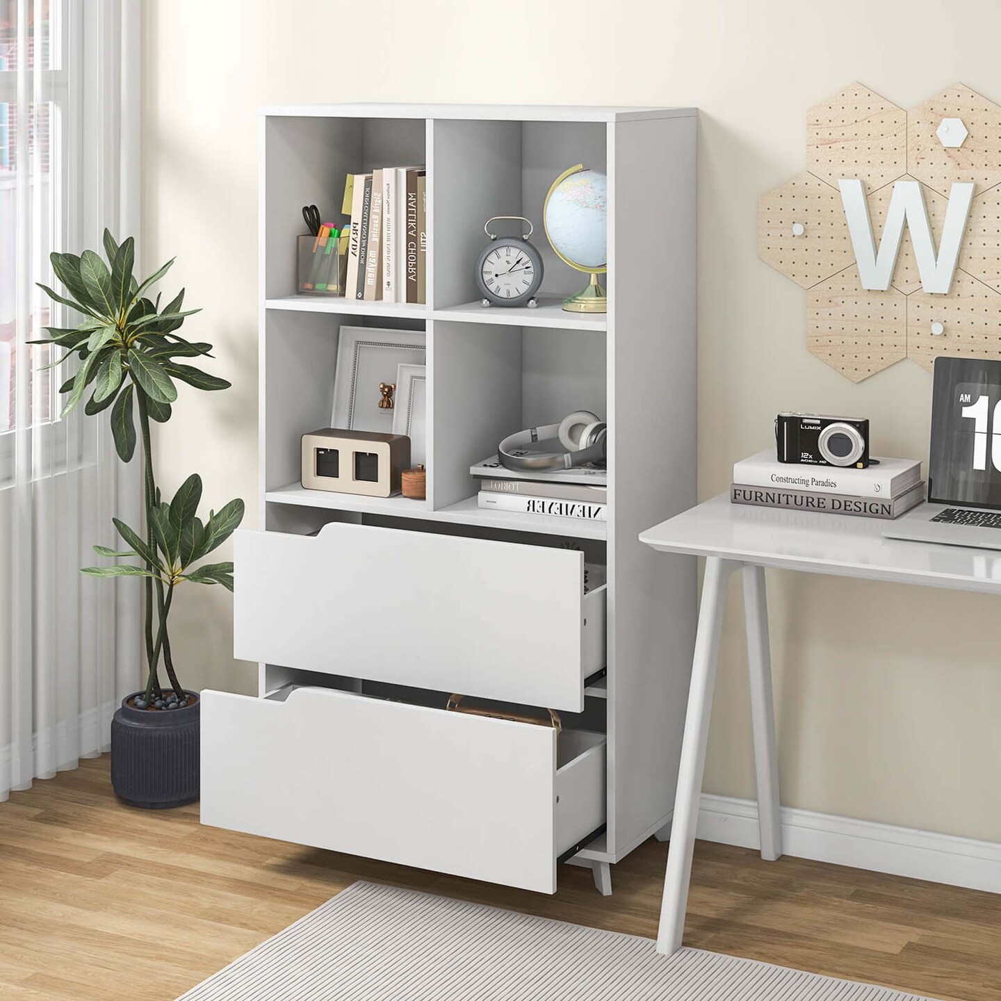 Costway Bookcase with 2 Drawers 4-Tier Open Bookshelf with 4 Storage Cubes for Home Office