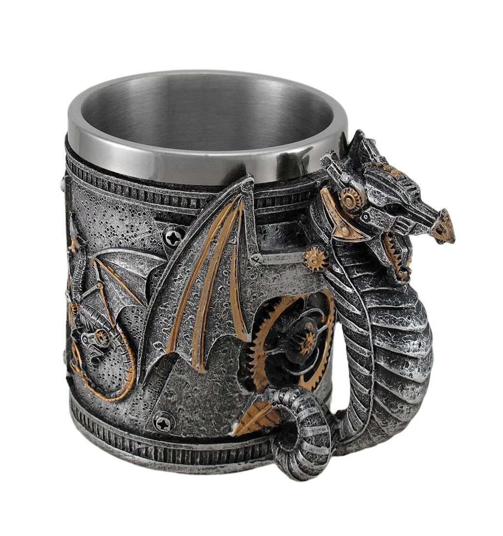 Steampunk Geared Dragon Stainless Steel Lined Silvered Tankard