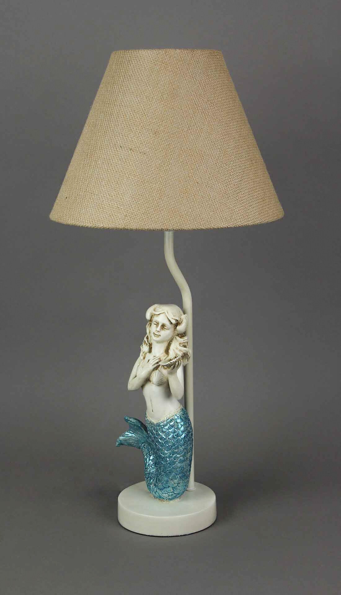 Blue Glitter Tail Mermaid Nautical Table Lamp Burlap Coastal Decor accent light