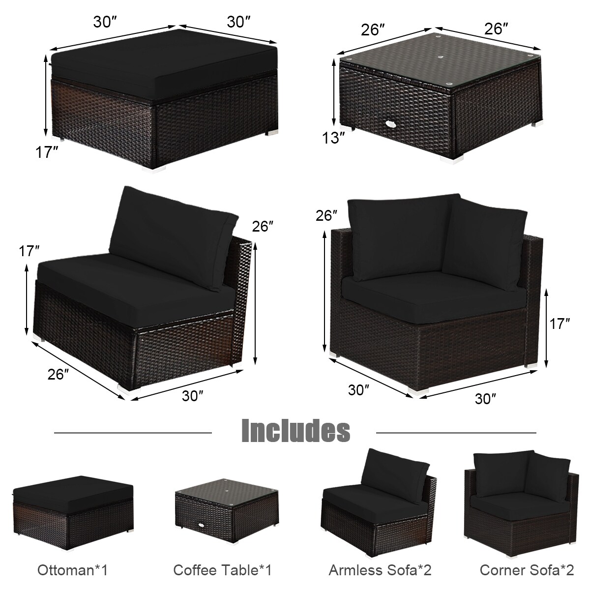 6 Pieces Outdoor Patio Rattan Sectional Sofa Set With Coffee Table