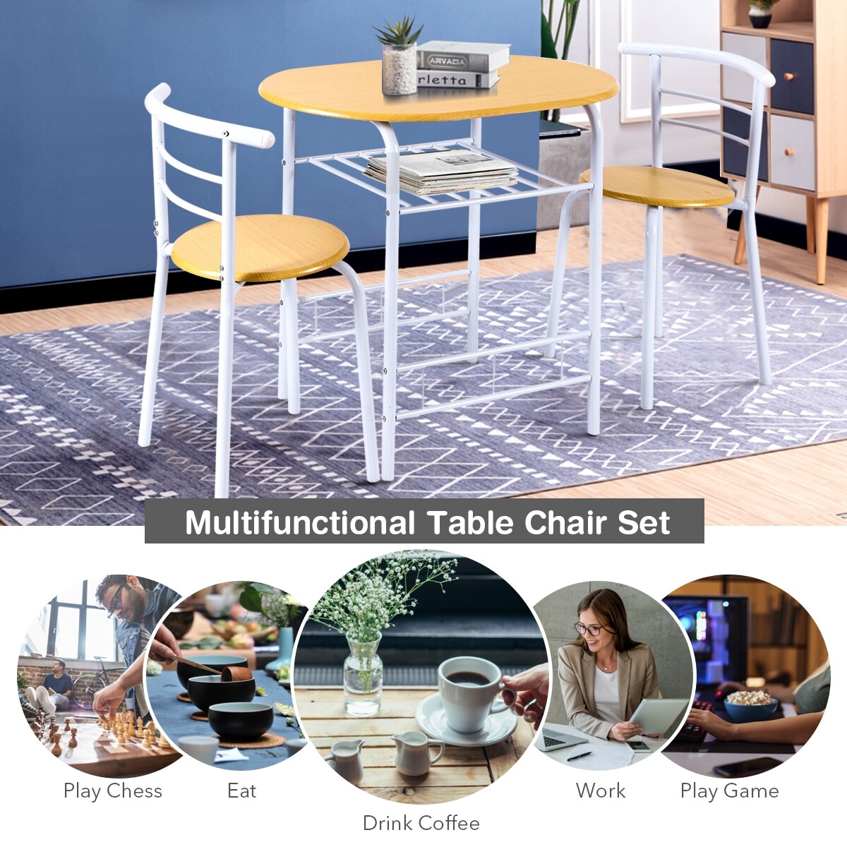 3-Piece Space-Saving Bistro Set with Wine Rack and Painted Steel Frame