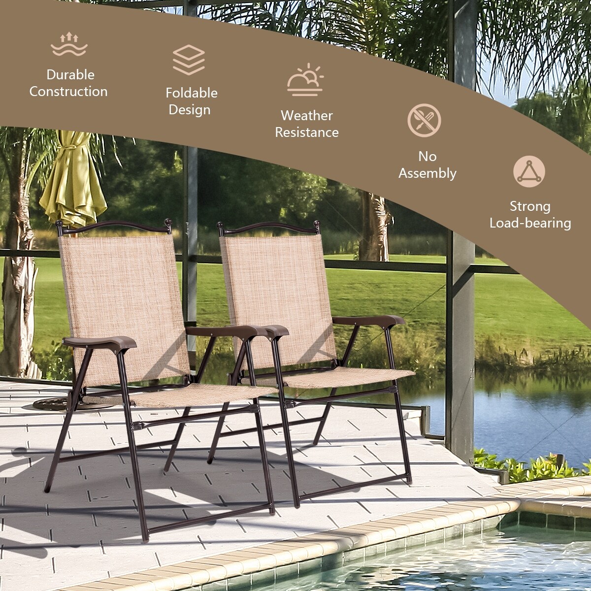 Set of 2 Patio Folding Sling Back Camping Deck Chairs with Steel Tube and Plastic Frame