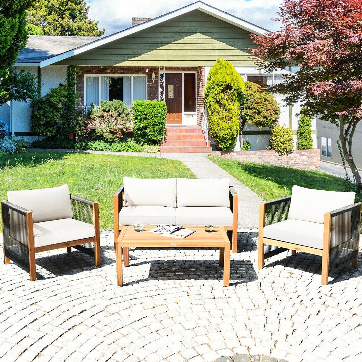 4 Pcs Acacia Wood Outdoor Patio Furniture Set with Cushions