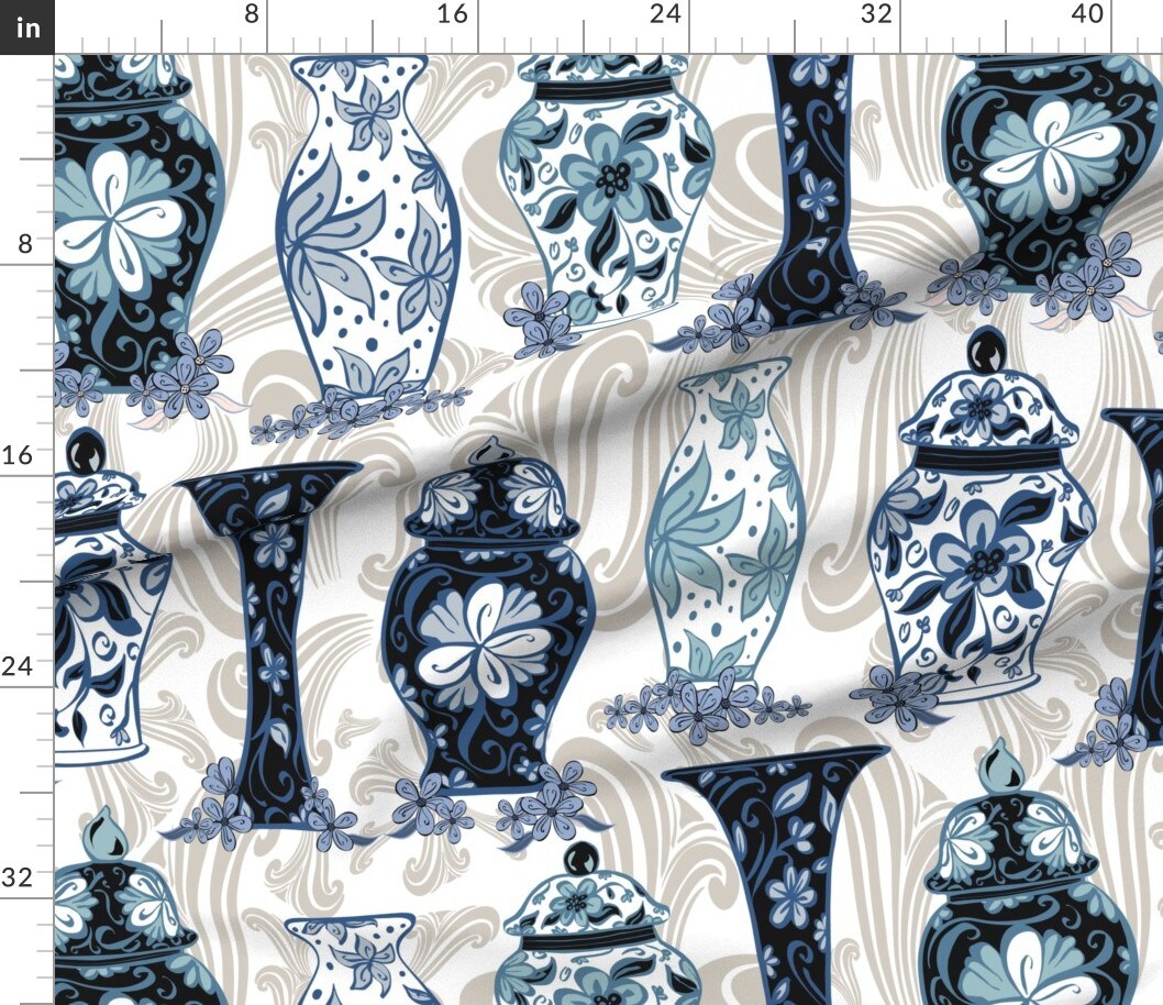 Blue Grey Rococo Vintage Art Nouveau Custom Printed Fabric by ...