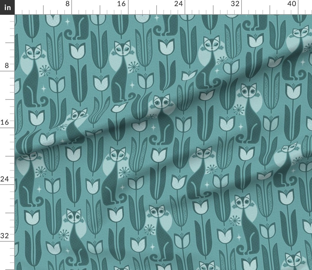Various Fabrics by the Yard or Fat Quarter Mid Century Cats Retro Teal Floral Atomic Era 1950S 1960S Look Custom Printed Fabric by Spoonflower