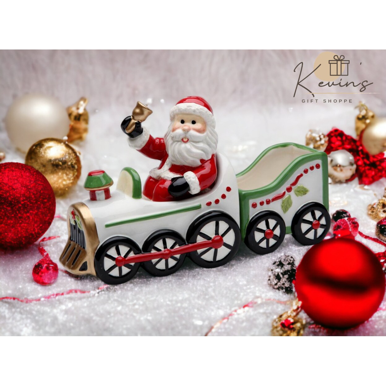 kevinsgiftshoppe Ceramic Christmas Santa Driving Train Salt and Pepper Shakers With Sugar Pack Holder Home Decor   Kitchen Decor