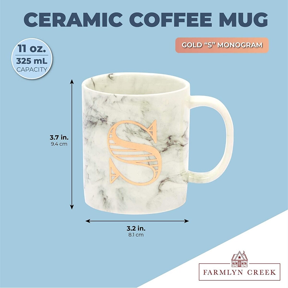 Rose Gold Letter S Monogram Mug, White Marble Ceramic Coffee Cup (11 oz)