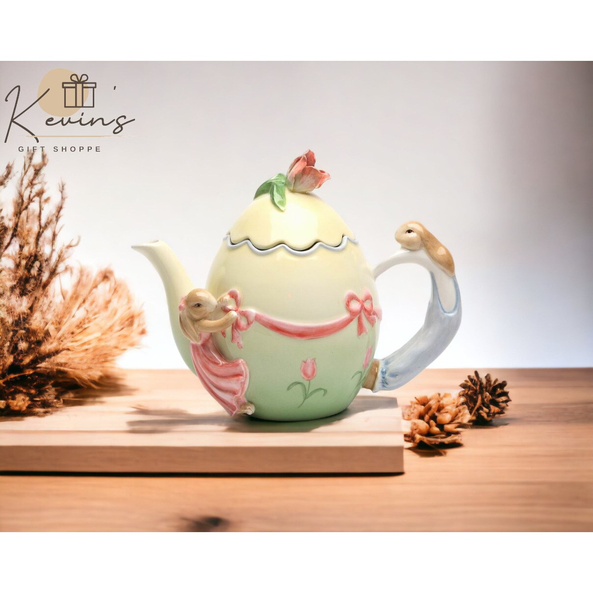 kevinsgiftshoppe Ceramic Easter Rabbits Around Egg Shaped Teapot   Tea Party Decor Cafe Decor