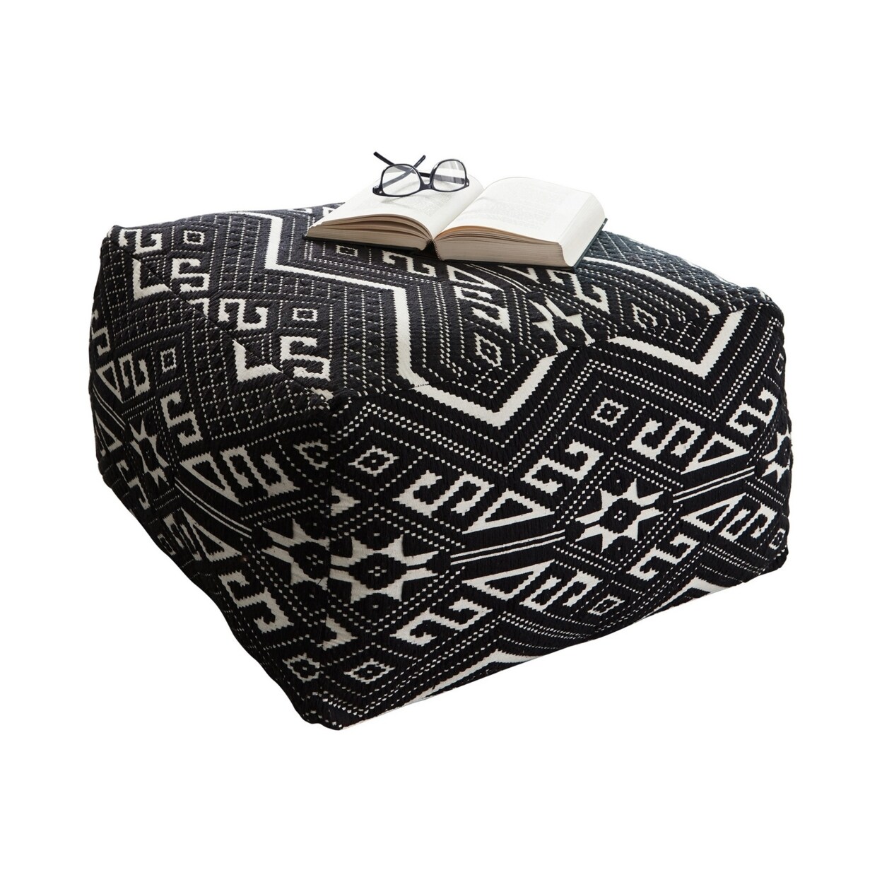 Saltoro Sherpi Ben 24 Inch Floor Pouf Ottoman, Cushioned Seat, Woven Cotton, Black, White
