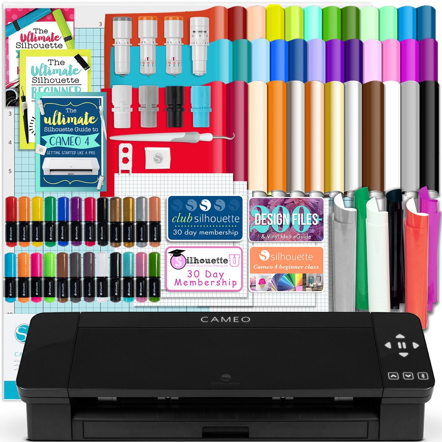 Silhouette Black Cameo 4 w/ 38 Oracal Sheets, Siser HTV, Guides, 24 Pens 