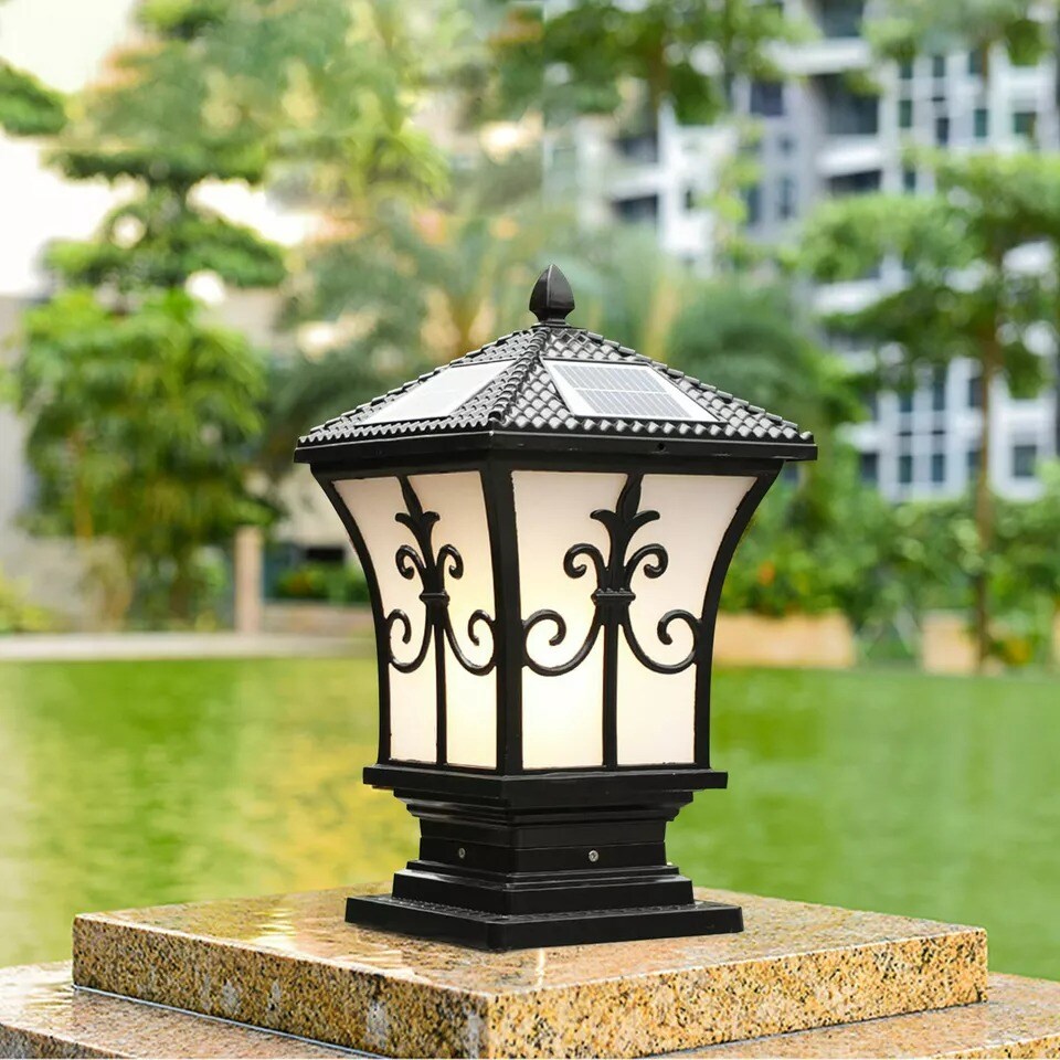 Solar Powered LED Post Light Stylish Black Outdoor Pillar Lamp for Garden Lawn