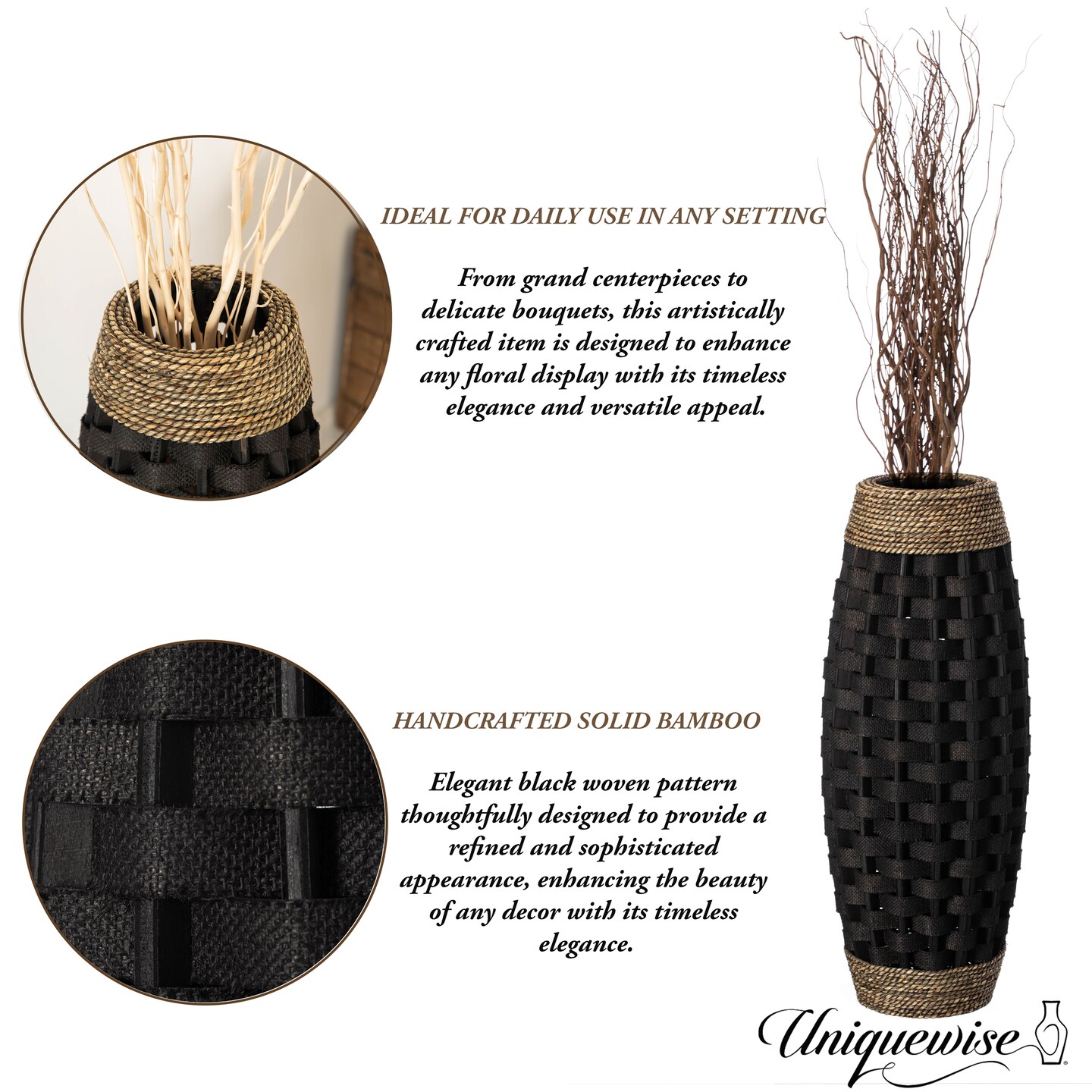 Rustic Tall Floor Vase - 24-inch Handcrafted Black Woven Vase, Decorative Accent for Home Decor, Living Room, and Entryway, Ideal for Displaying Flowers, Pampas Grass, and Dried Florals and Branches