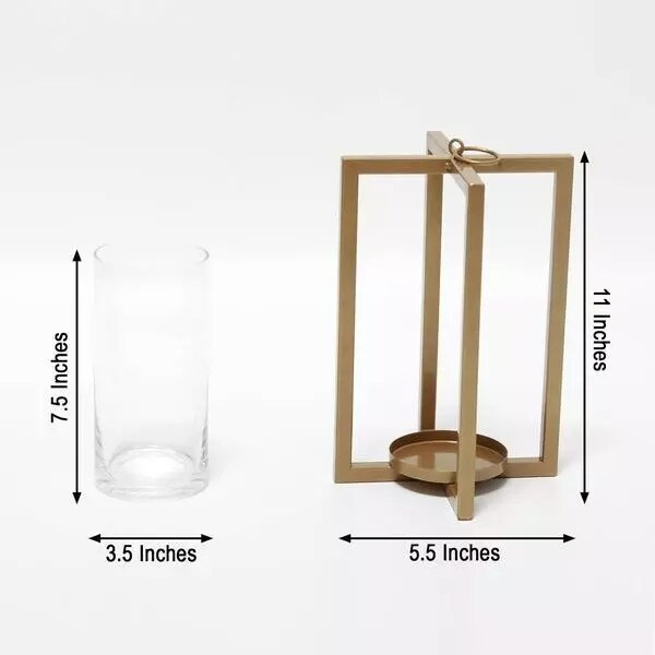GOLD 11&#x22; Geometric Metal Cross Bar Lantern with Glass CANDLE HOLDER Party Event