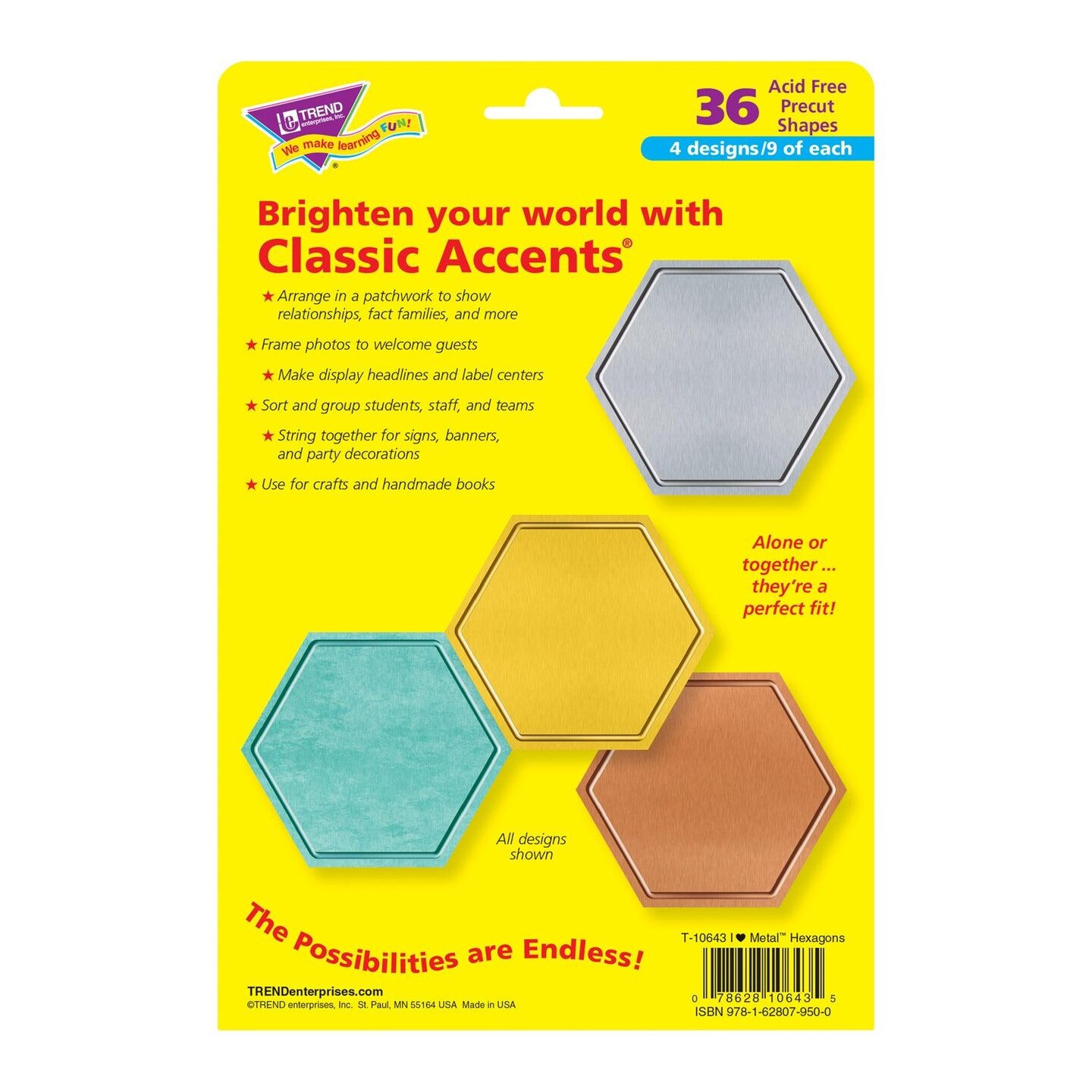 I &#x2665; Metal&#x2122; Hexagons Classic Accents&#xAE; Variety Pack, 36 Per Pack, 3 Packs