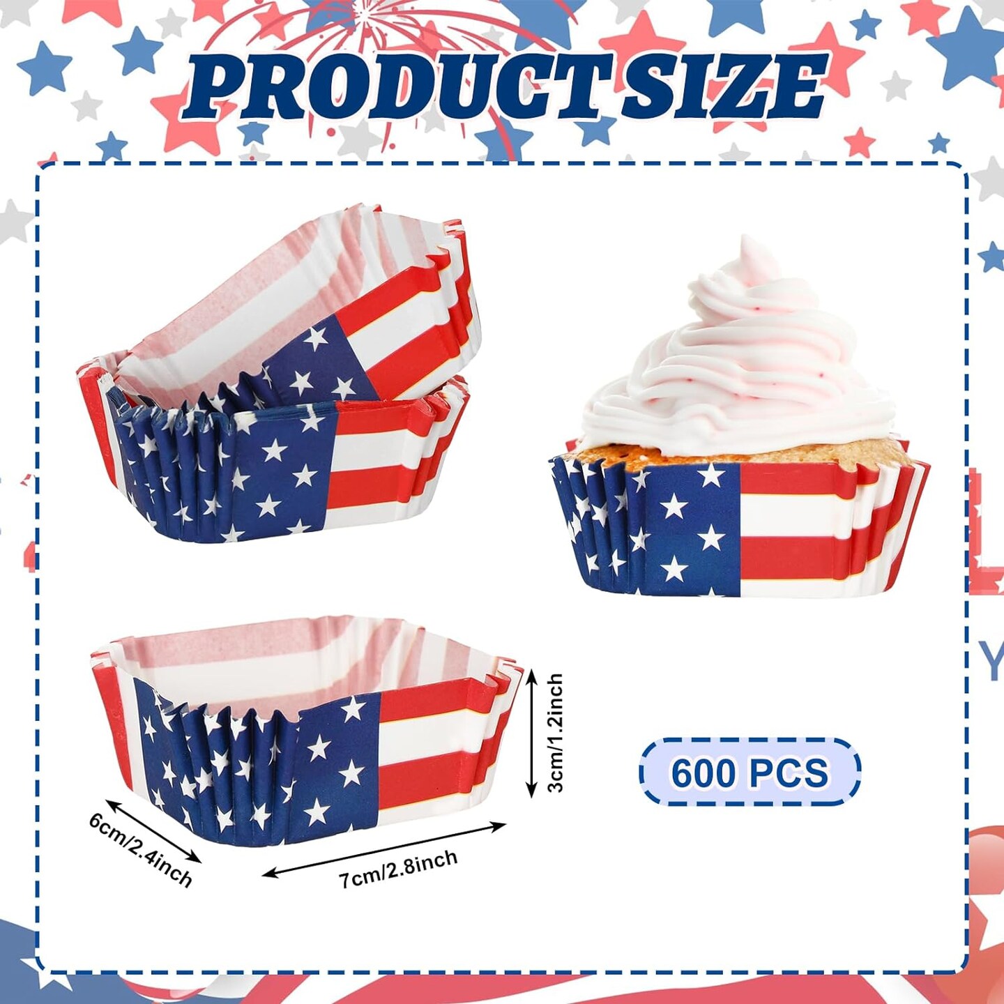 600 Pcs Patriotic Square Cupcake Liners Cupcake wrappers with red, white, and blue stars for July 4th.