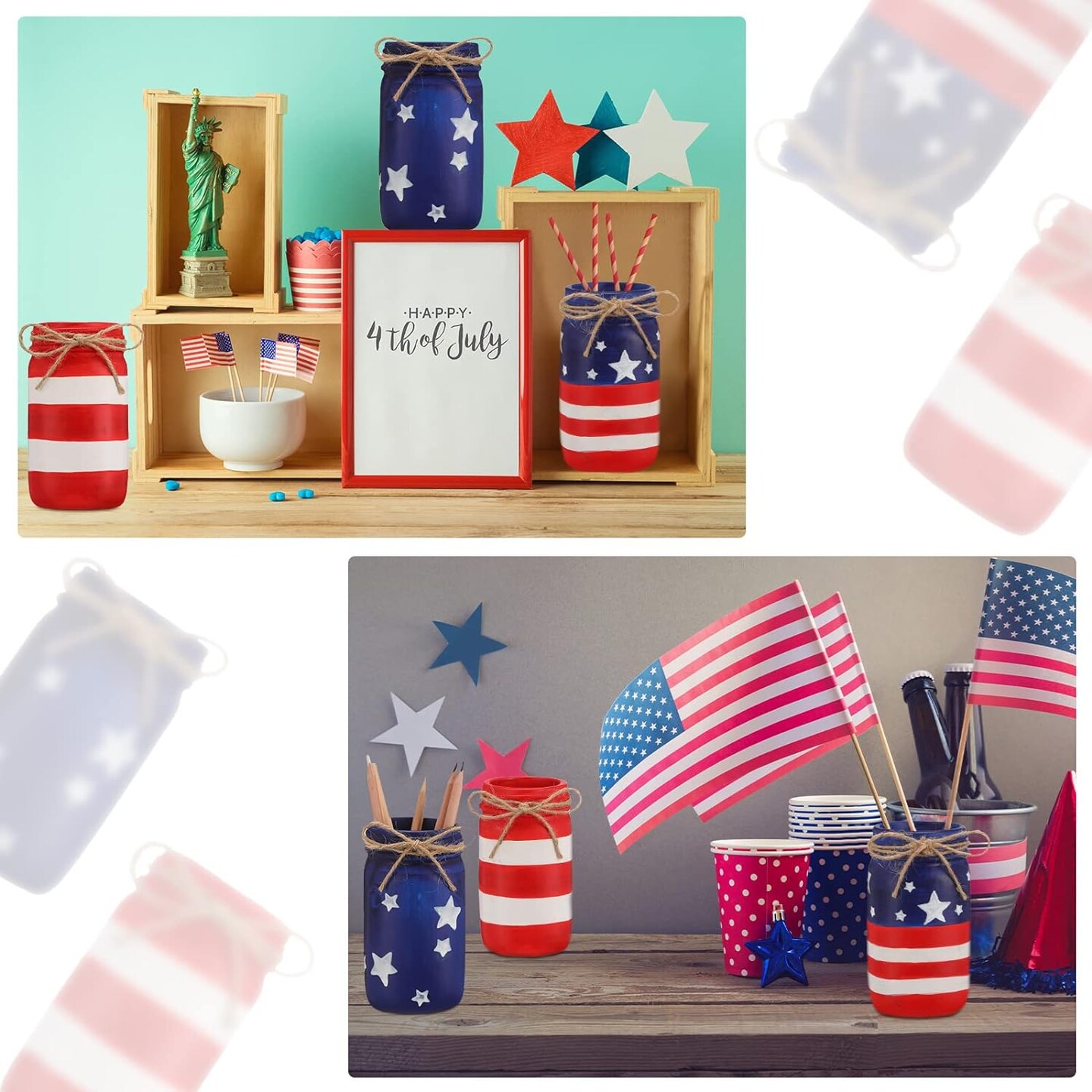 6 Pcs American Flag Mason Jars