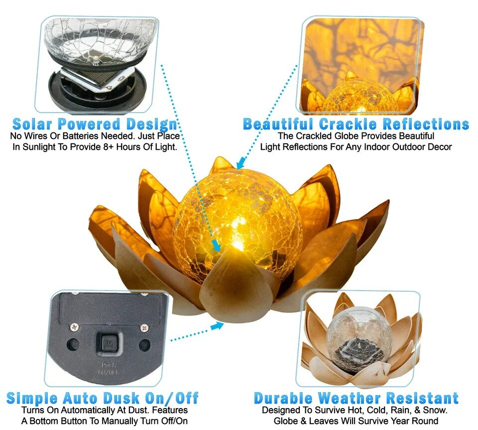 Solar Flower LED Garden Crackle Globe Outdoor Lotus Flower Landscape Decor Light