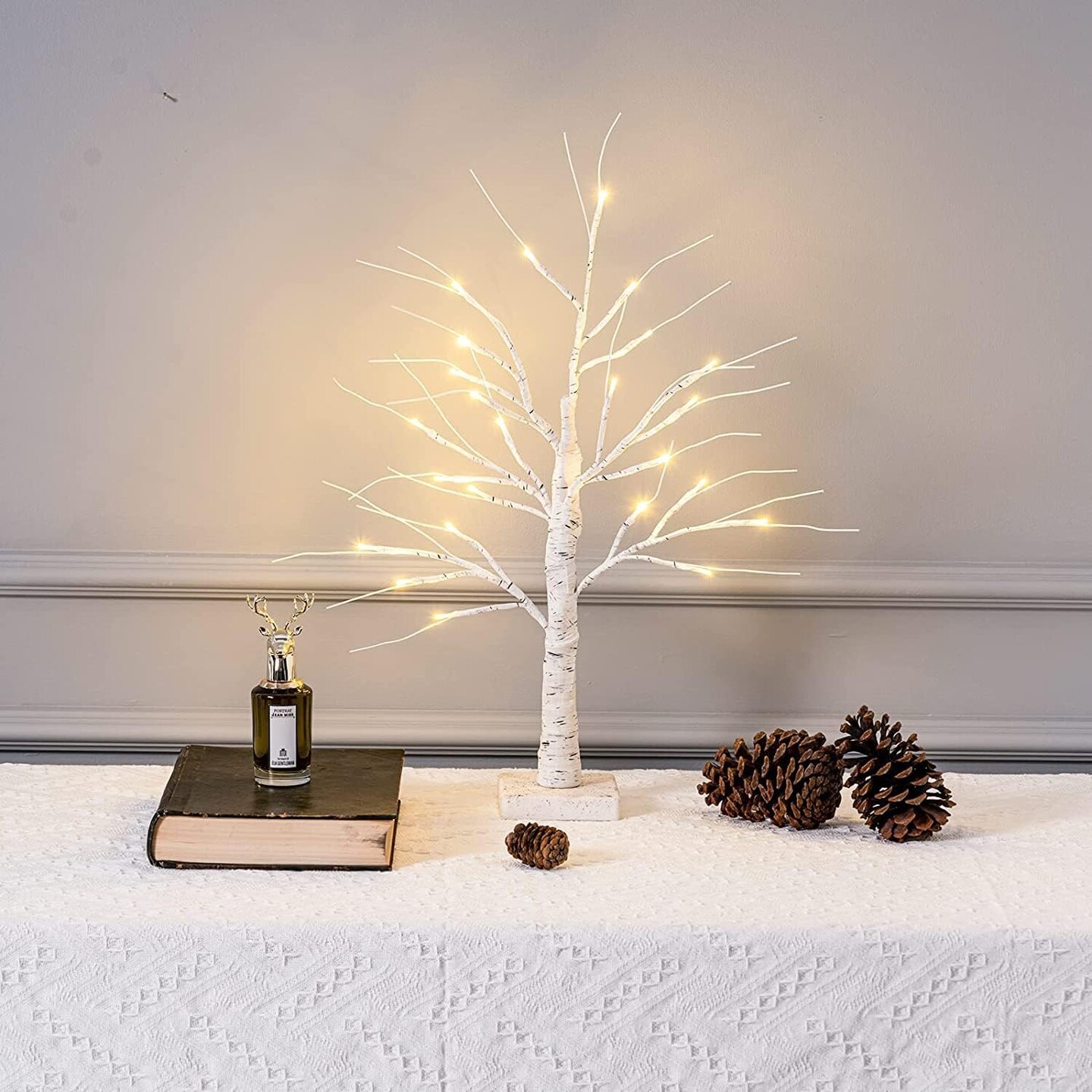 2 hot Birch Trees (2ft Tall) & 24 LED Lights (Timer Tabletop Bonsai Night Christmas